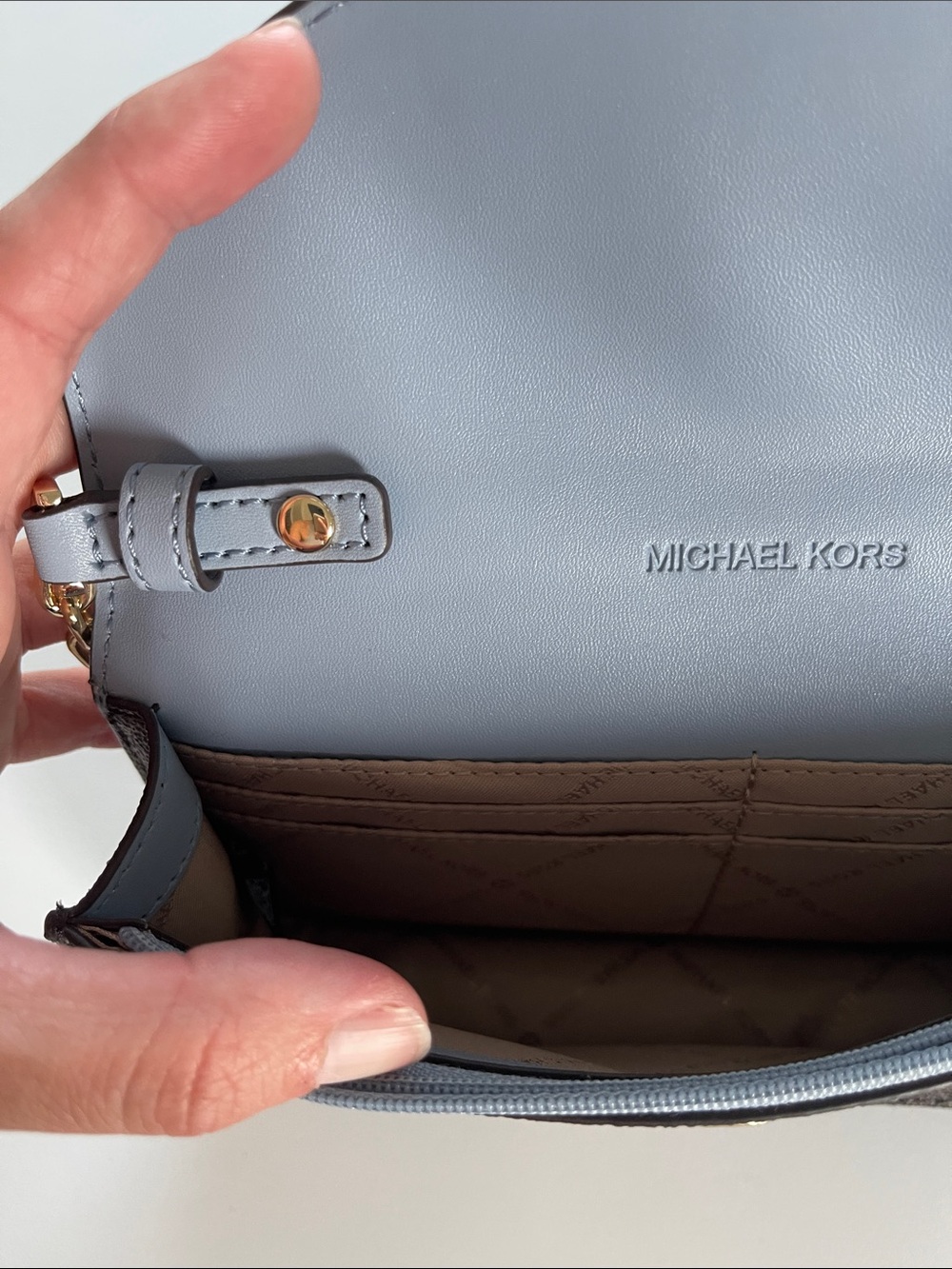 Michael Kors Two-Tone Envelope Crossbody in Light Blue and Brown - Picture 11 of 13